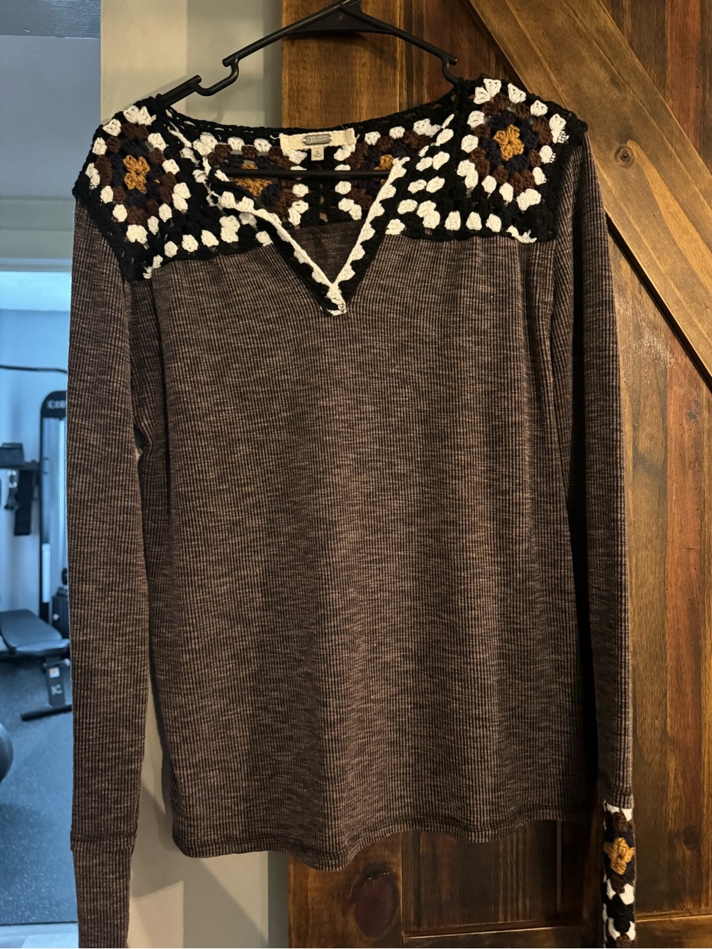 gimmicks by BKE Brown Knit Top with Crochet Yoke and Accents